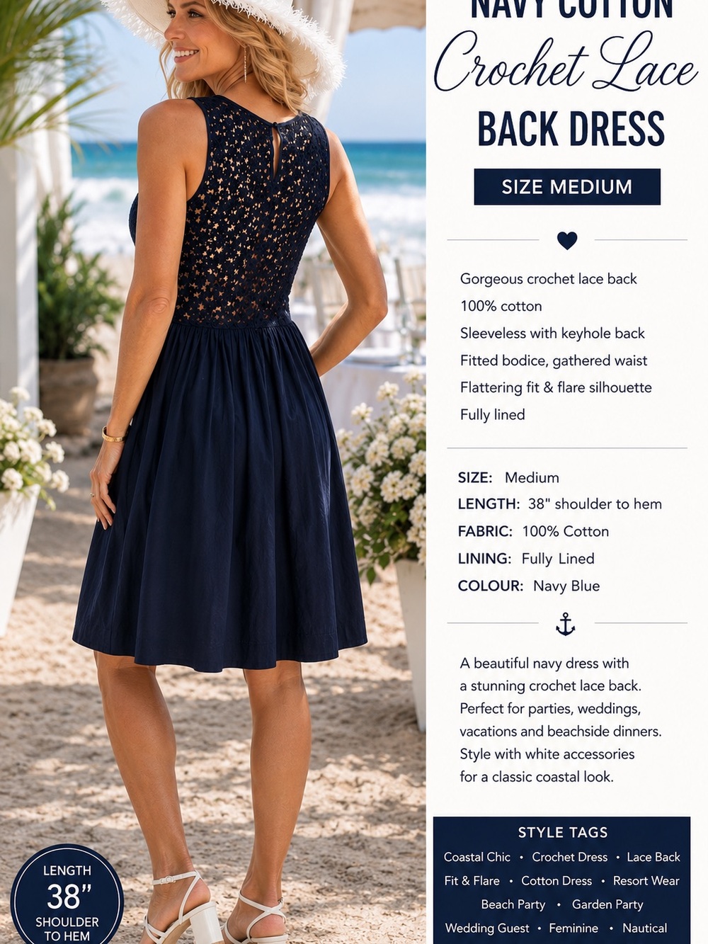 Navy Crochet Lace Back Cotton Dress - Size Medium